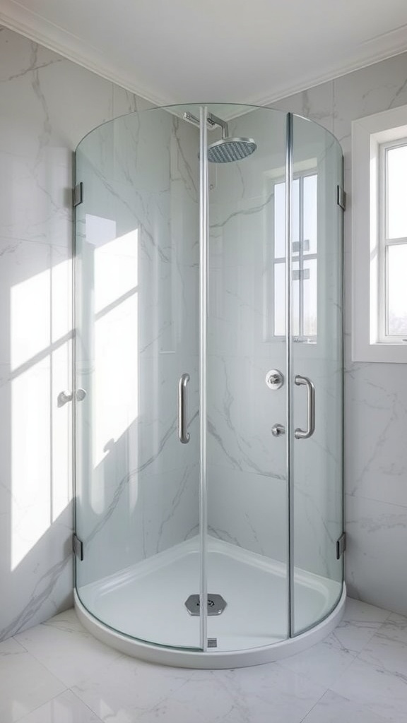 A corner double shower with glass closure featuring dual showerheads and marble walls.