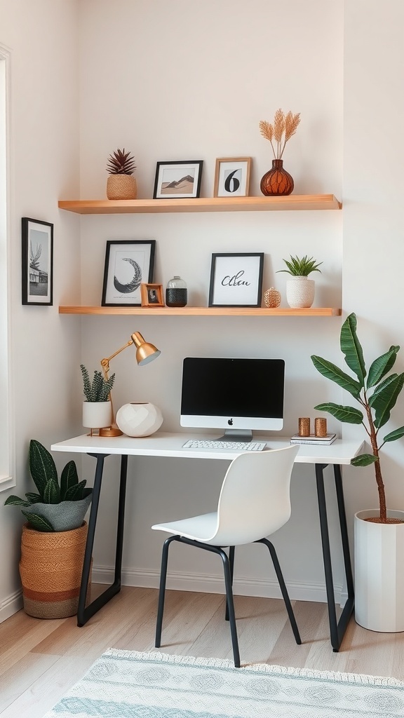 A stylish corner office setup with a desk, computer, and decorative shelves.