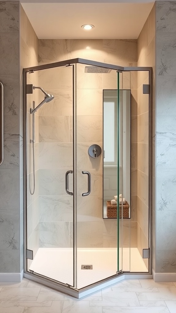 A modern corner shower with glass doors in a small bathroom setting.