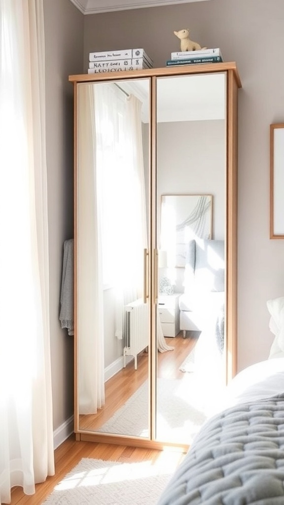 A stylish corner wardrobe with mirror panels, featuring a wooden frame and a cozy room setting.