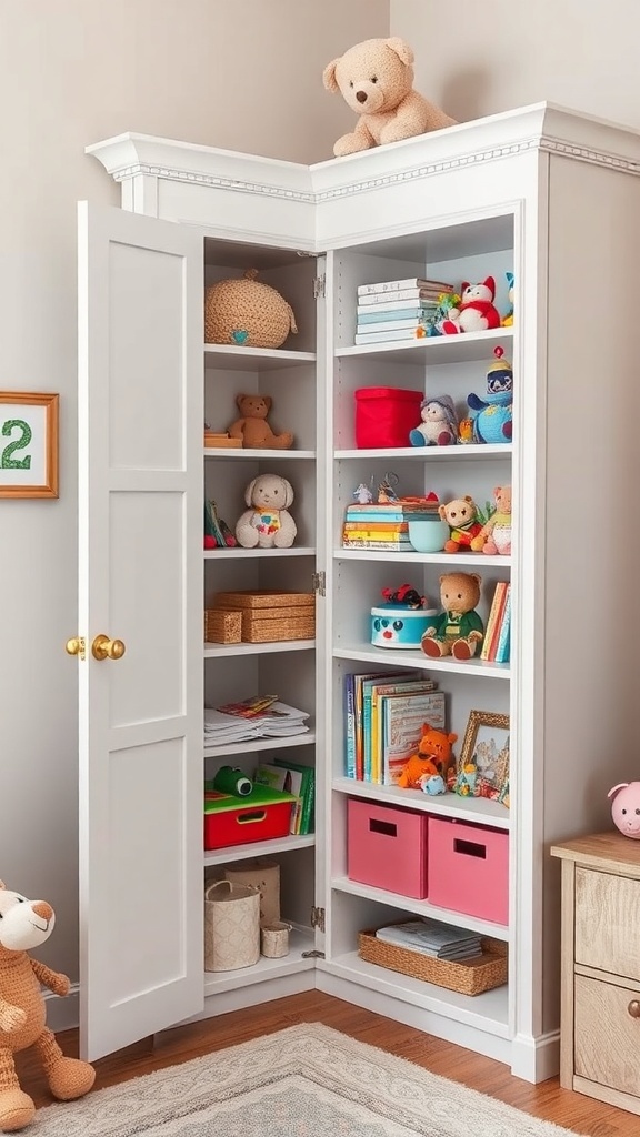 A corner wardrobe with open shelving, displaying toys and books, in a kids' room.