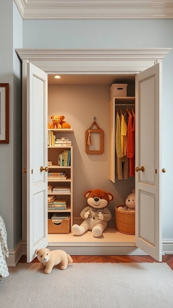 A corner wardrobe with open shelving and stuffed animals, creating a cozy play nook.