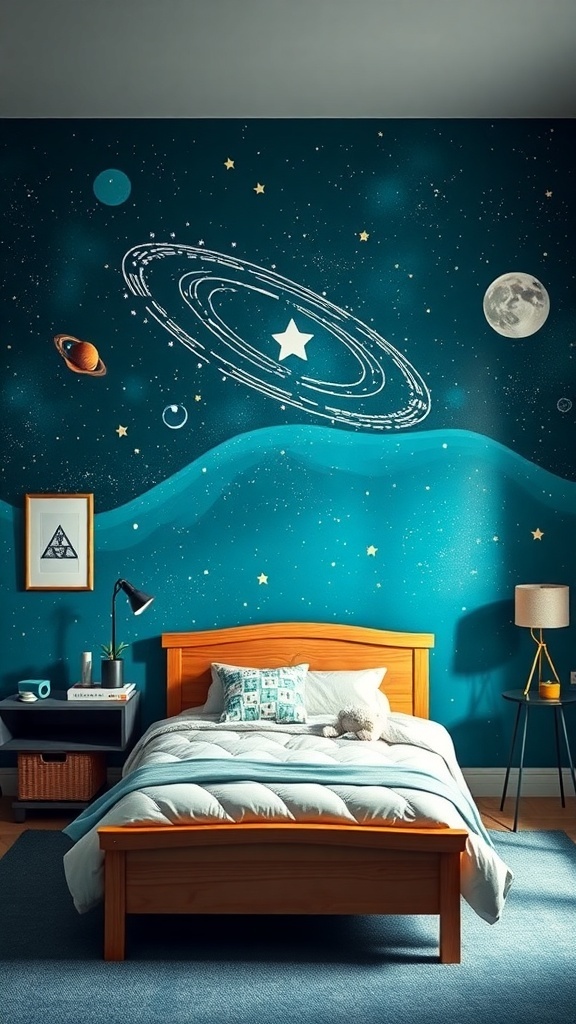 A cozy bedroom with a cosmic space-themed mural, featuring planets and a moon, a wooden bed with storage, and warm pendant lighting.