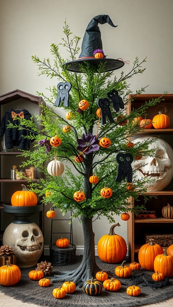 A cottage-core witches tree with a witch's hat, mini pumpkins, and spooky decorations, surrounded by larger pumpkins.