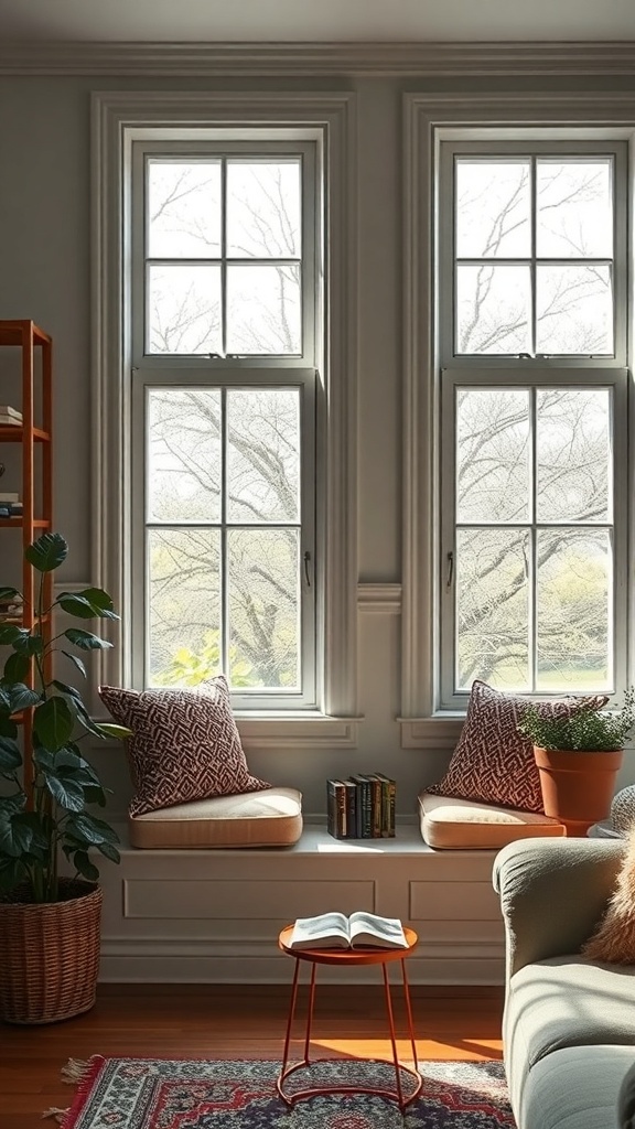 Cottage-style windows with cushioned seats in a cozy living room