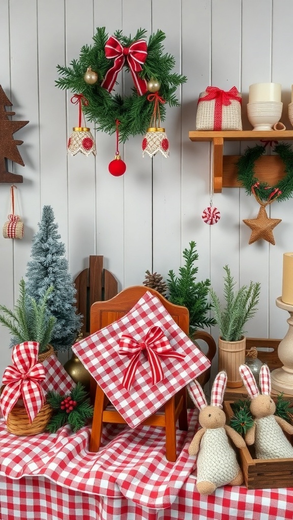 A cozy Christmas display featuring a wreath, checked linens, and bunny decorations.
