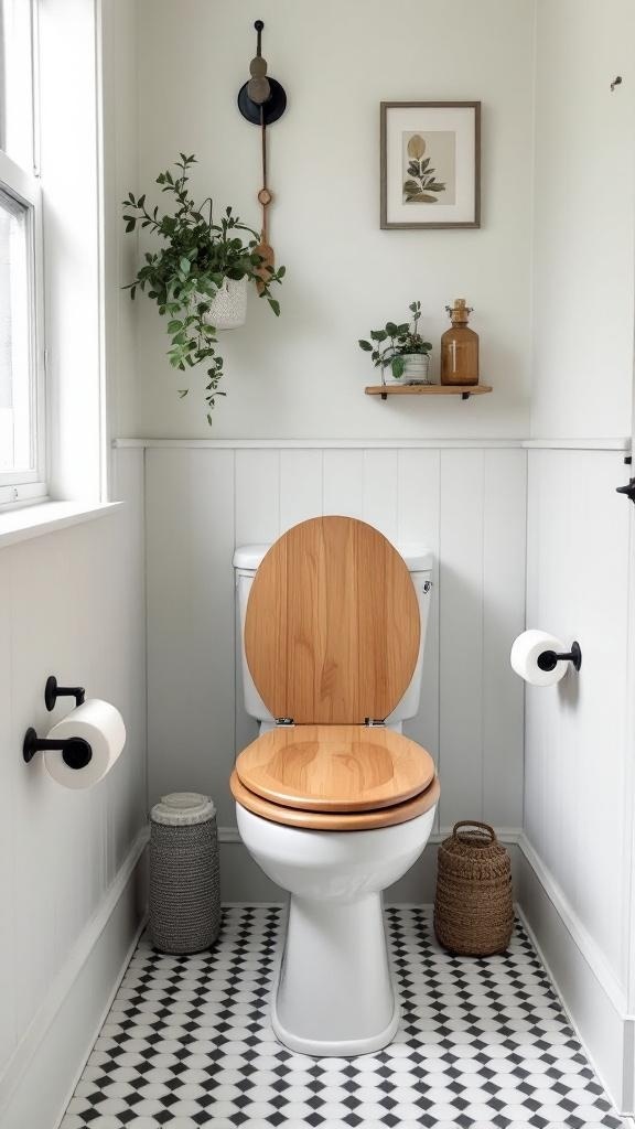 A powder blue vanity with a wood toilet seat and checkered floor tiles, featuring brass fixtures and marble-style countertops, complemented by fresh floral arrangements.