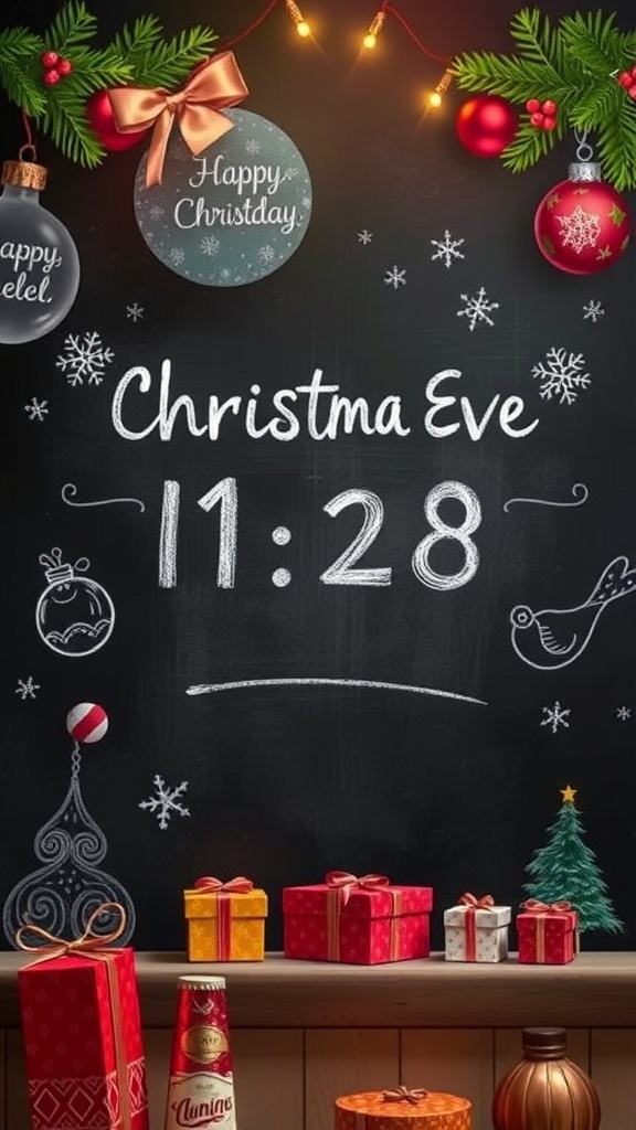 A chalkboard countdown to Christmas Eve with festive decorations and gifts.