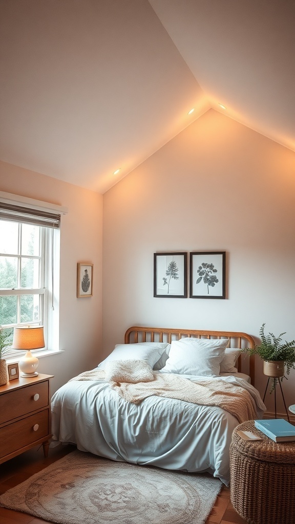 A cozy bedroom featuring a cove ceiling with warm ambient lighting, highlighting the decor and creating a relaxing atmosphere.