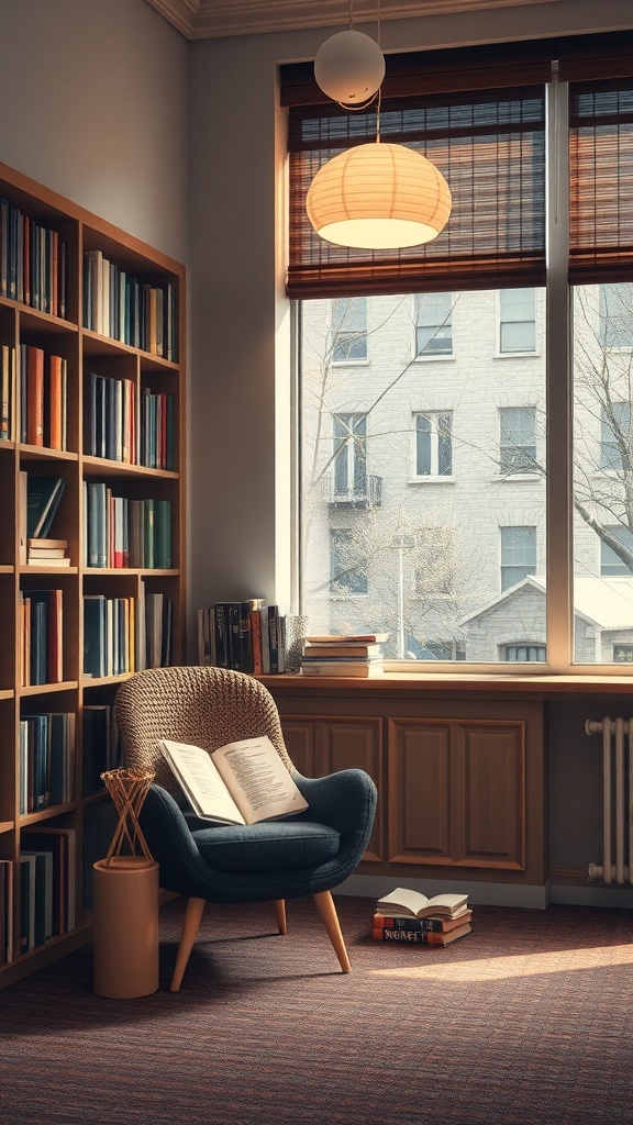 Cozy reading nook with a chair, bookshelf, and warm lighting