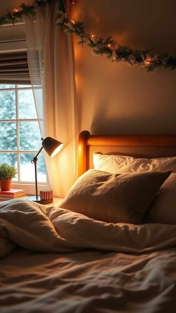 A cozy bedroom scene featuring a bedside lamp, soft bedding, and a window with a view of snow.