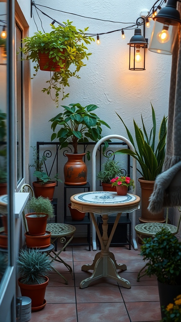 A cozy balcony with a round table and chairs surrounded by potted plants and warm lights.