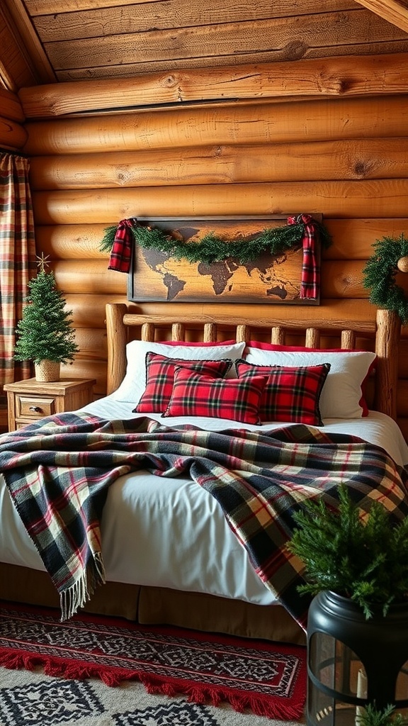 A cozy cabin-style bedroom decorated for Christmas with a plaid blanket, festive pillows, and a small Christmas tree.