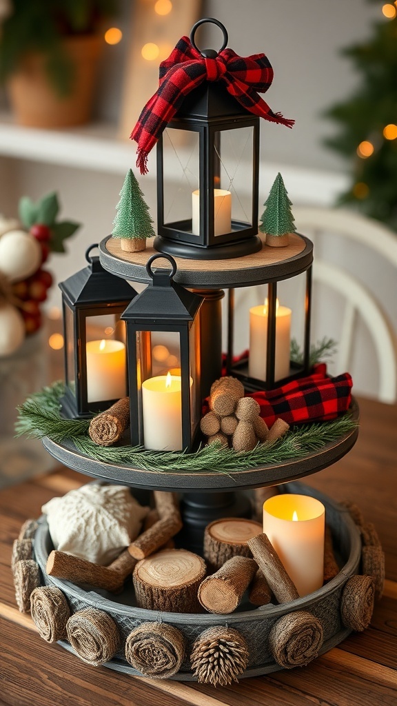 A cozy cabin-themed tiered tray featuring black lanterns, candles, miniature evergreen trees, and rustic wooden elements.