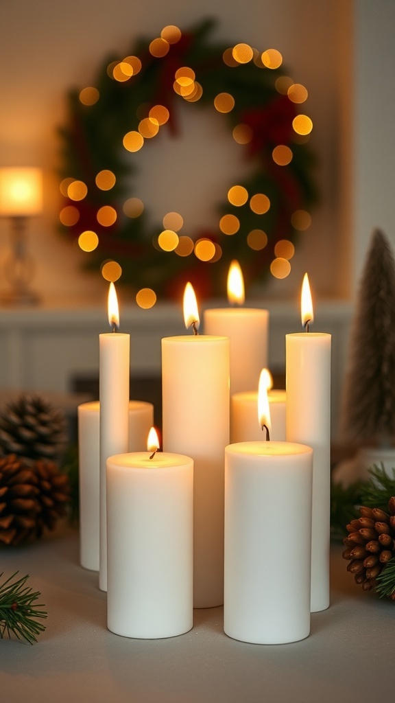 A cluster of white candles with flames, surrounded by pinecones and greenery, set against a blurred background of a wreath.