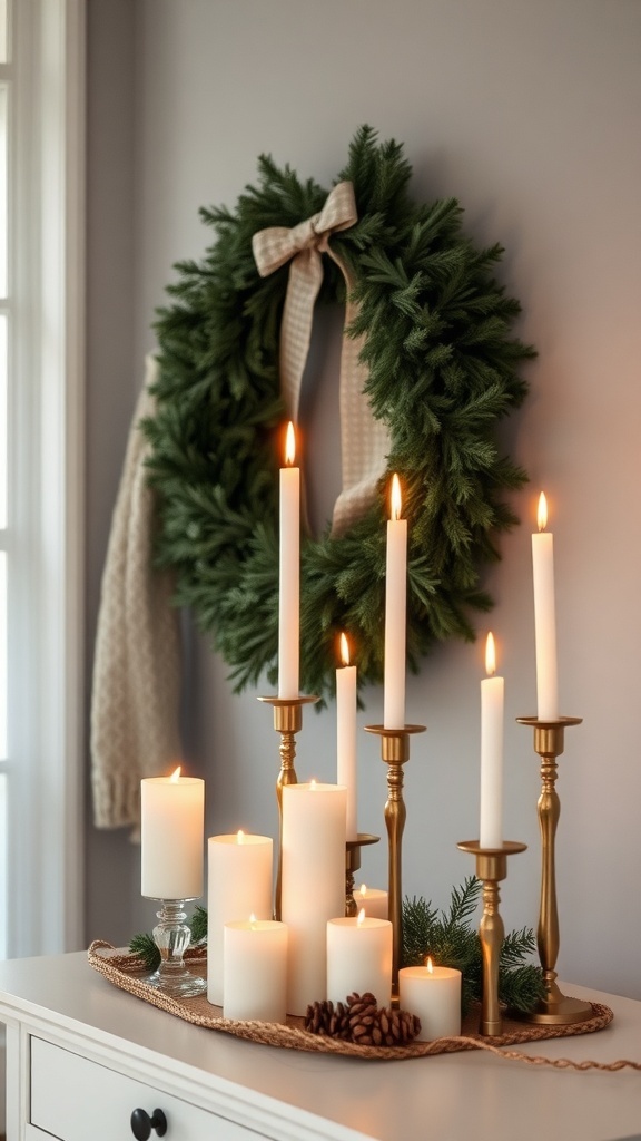 A cozy candlelight display with white candles of varying heights on a tray, surrounded by pinecones and greenery, with an evergreen wreath in the background.