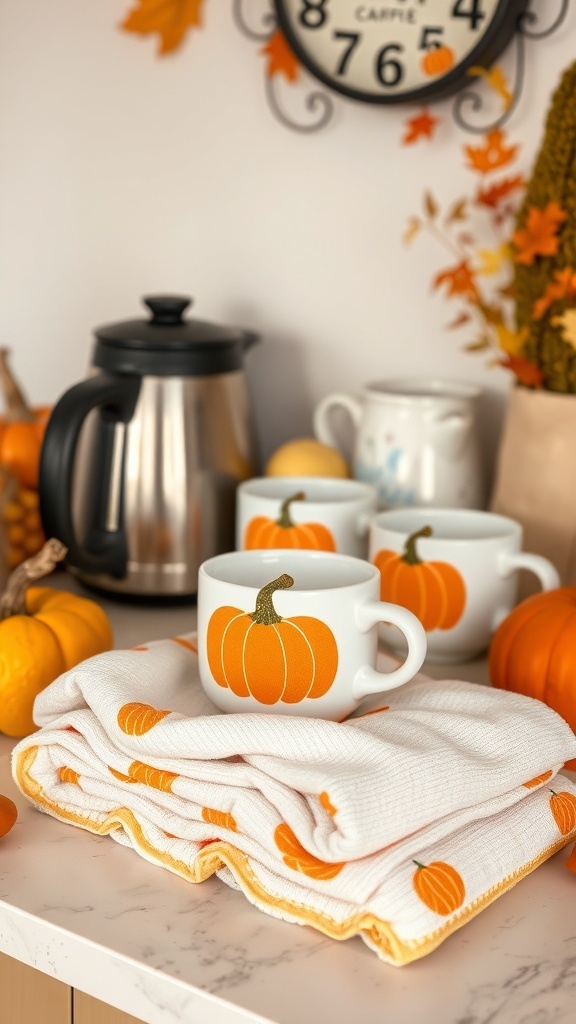 A cozy coffee station featuring pumpkin-themed mugs and cotton towels with pumpkin designs.
