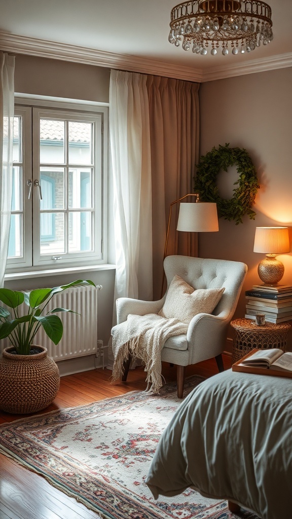 A cozy reading corner with a soft chair, lamp, and a book on a small table.