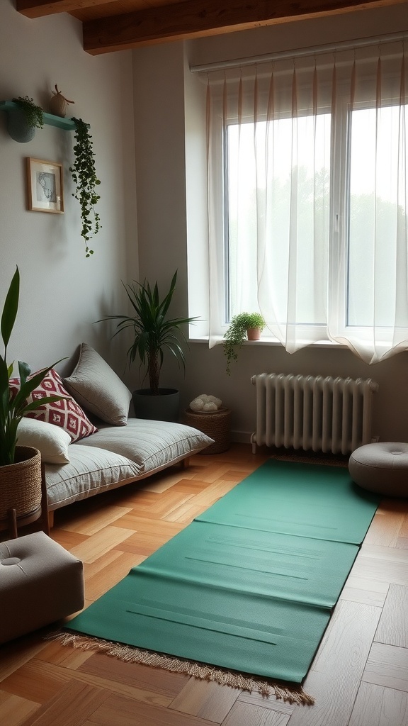 A cozy corner with a green yoga mat, soft cushions, and plants, perfect for stretching and relaxation.