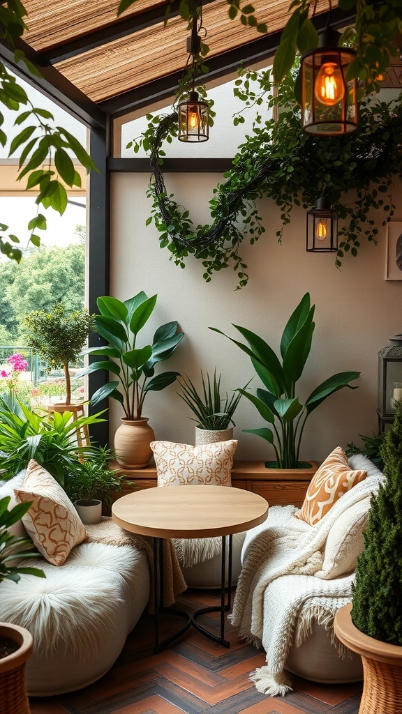 Cozy corner nook with plush seating, wooden table, and hanging plants