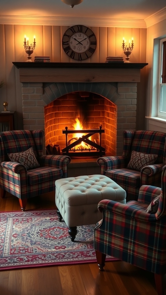 A cozy corner with plaid armchairs, a tufted ottoman, and a warm fireplace.