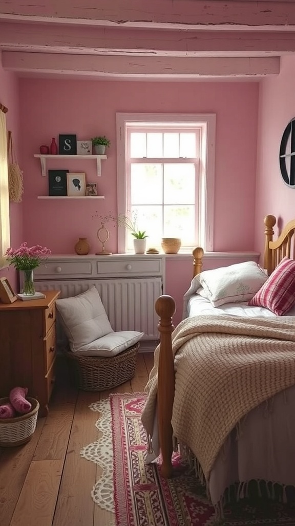 A cozy pink bedroom with wooden furniture, a bed with soft bedding, a chair, and decorative shelves.