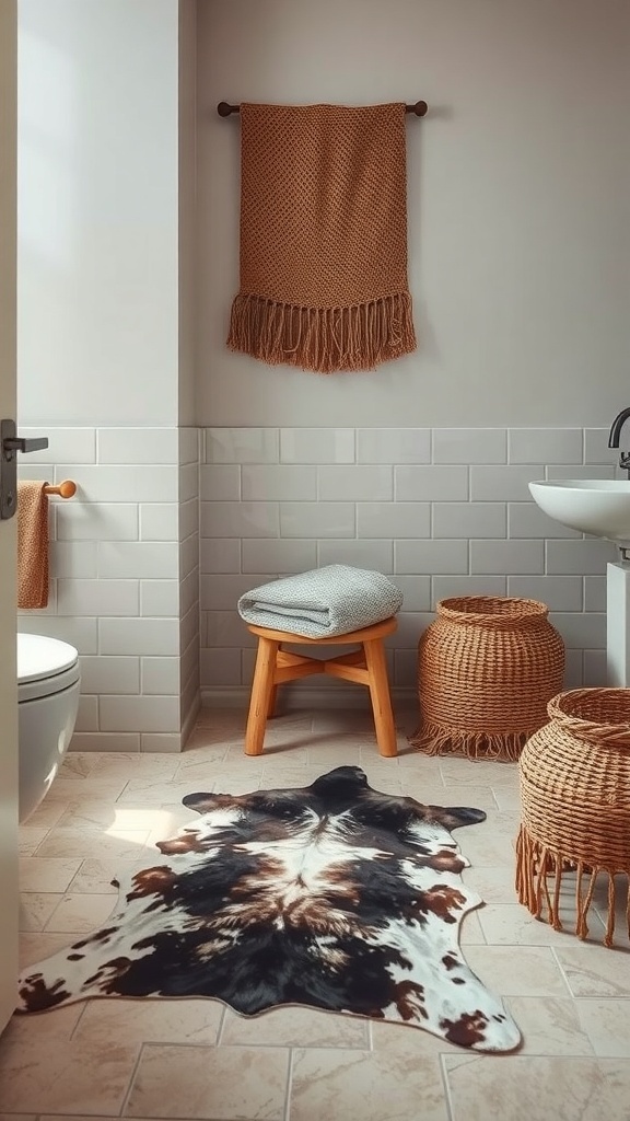 A cozy bathroom featuring a cowhide rug on the floor, a woven wall hanging, and natural elements.
