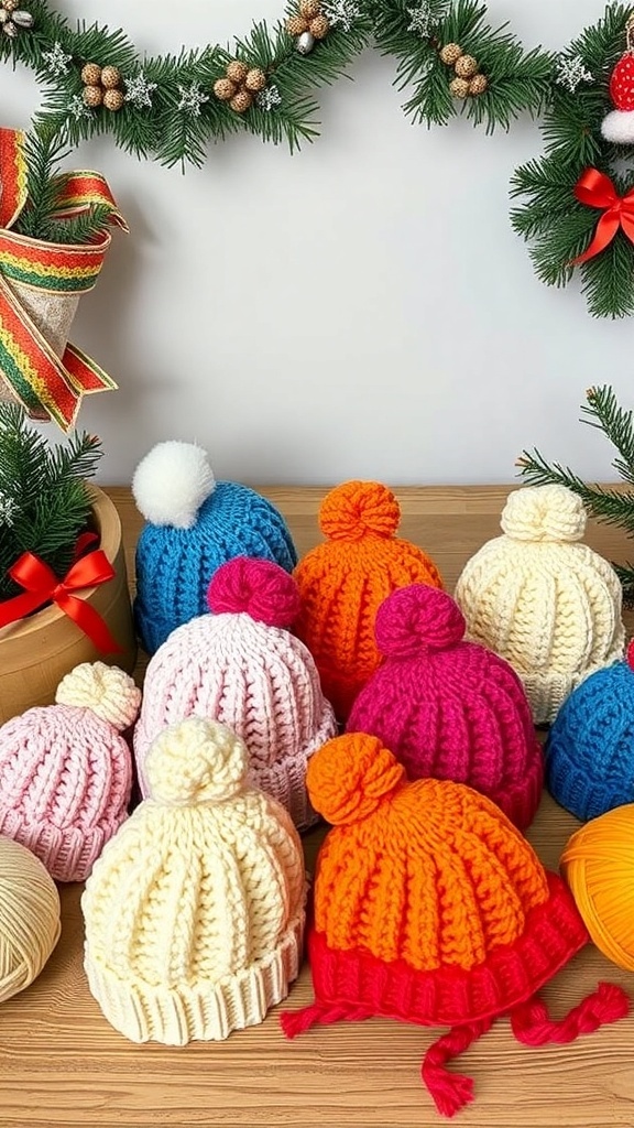 A colorful assortment of crochet beanies in various styles and colors, displayed with festive decorations.