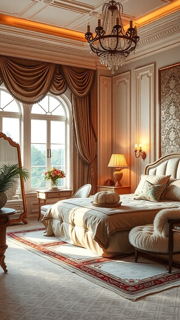 A cozy and elegant bedroom with warm lighting from a chandelier and bedside lamp, featuring rich fabrics and stylish decor.