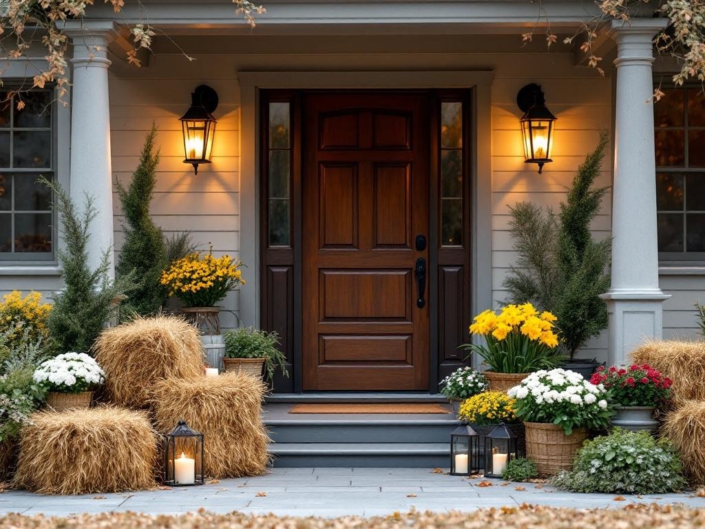 A cozy fall harvest mix decor at a front door featuring hay bales, colorful flowers, and lanterns.
