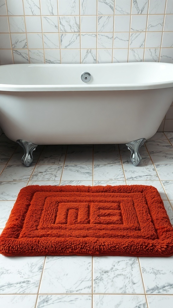 Cozy orange bath mat in front of a white bathtub on marble tiles.