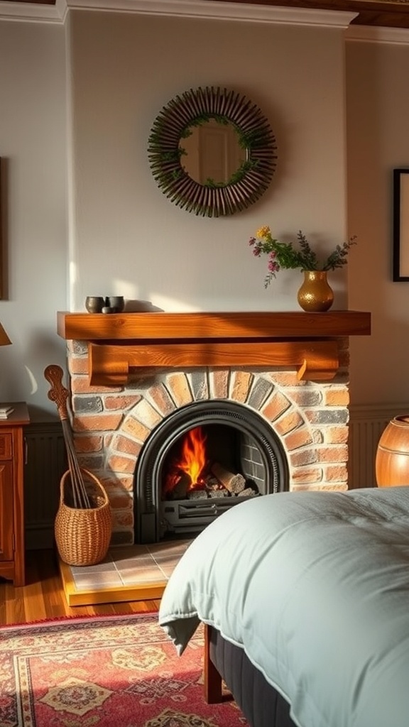 A cozy rustic bedroom featuring a stone fireplace with a wooden mantel and decorative items.