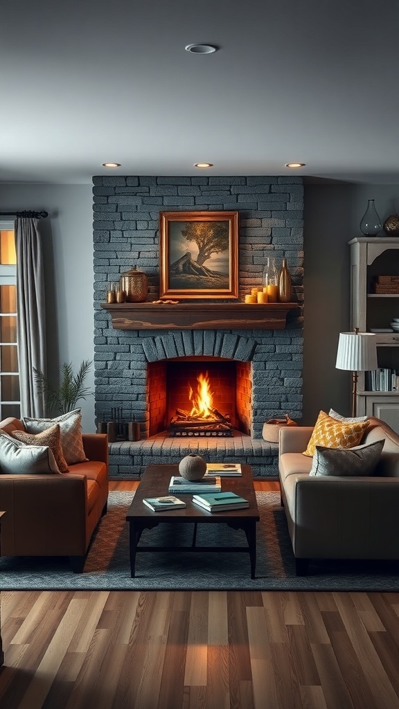 A cozy living room featuring a stone fireplace with a warm fire, wooden mantel, and comfortable seating.