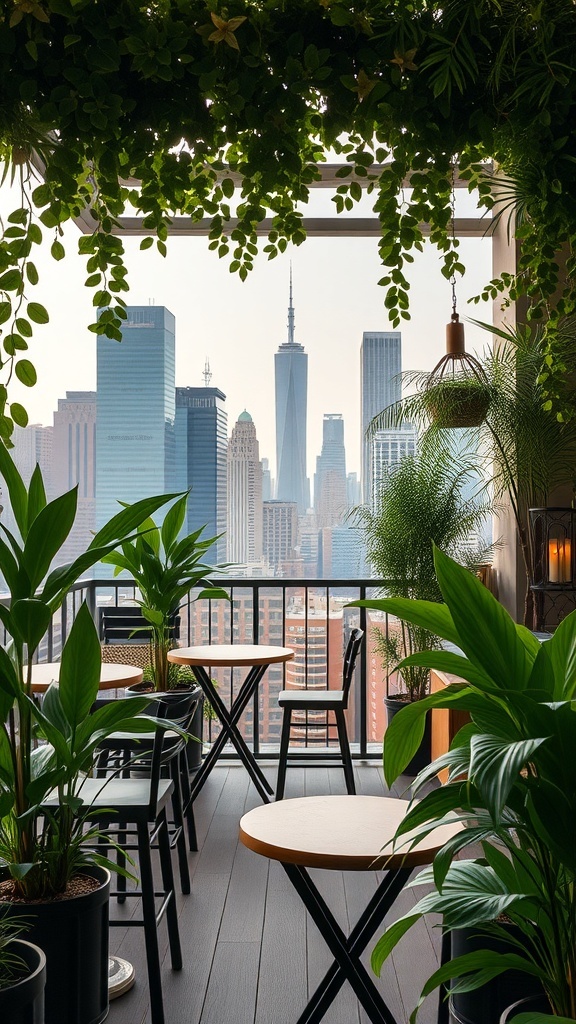 A balcony bar setup with wooden ledge, dark wood stools, and lush greenery against a city skyline.