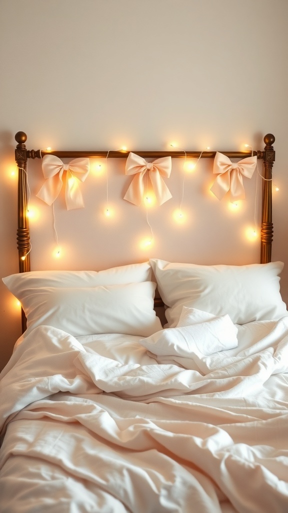 A cozy bed with a headboard decorated with blush bows and fairy lights.