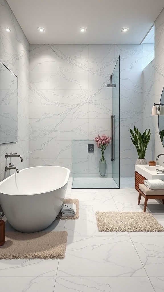 Modern bathroom featuring a freestanding tub, glass shower, and elegant decor.