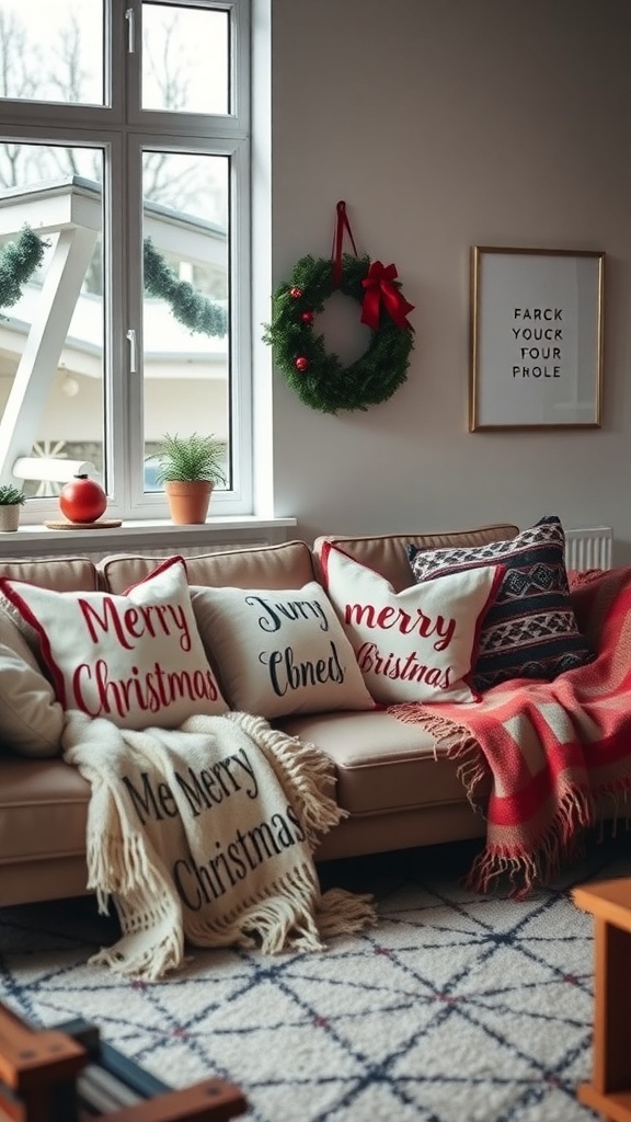 Cozy holiday-themed pillows and blankets on a couch, with a wreath and window decorations in the background.
