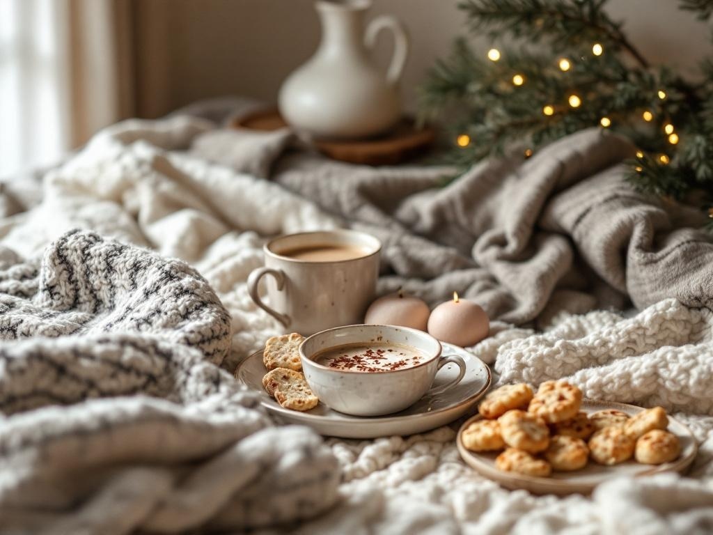 A cozy winter gathering scene with hot drinks, cookies, and soft blankets.