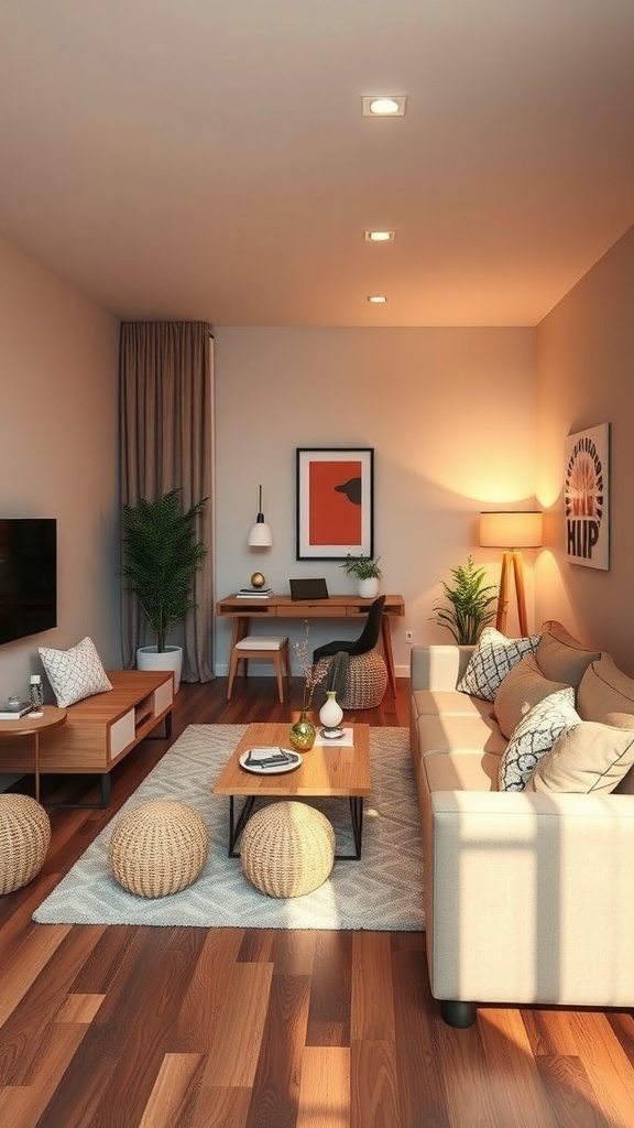 Cozy I-shaped living room layout with a sofa, coffee table, desk, and plants.