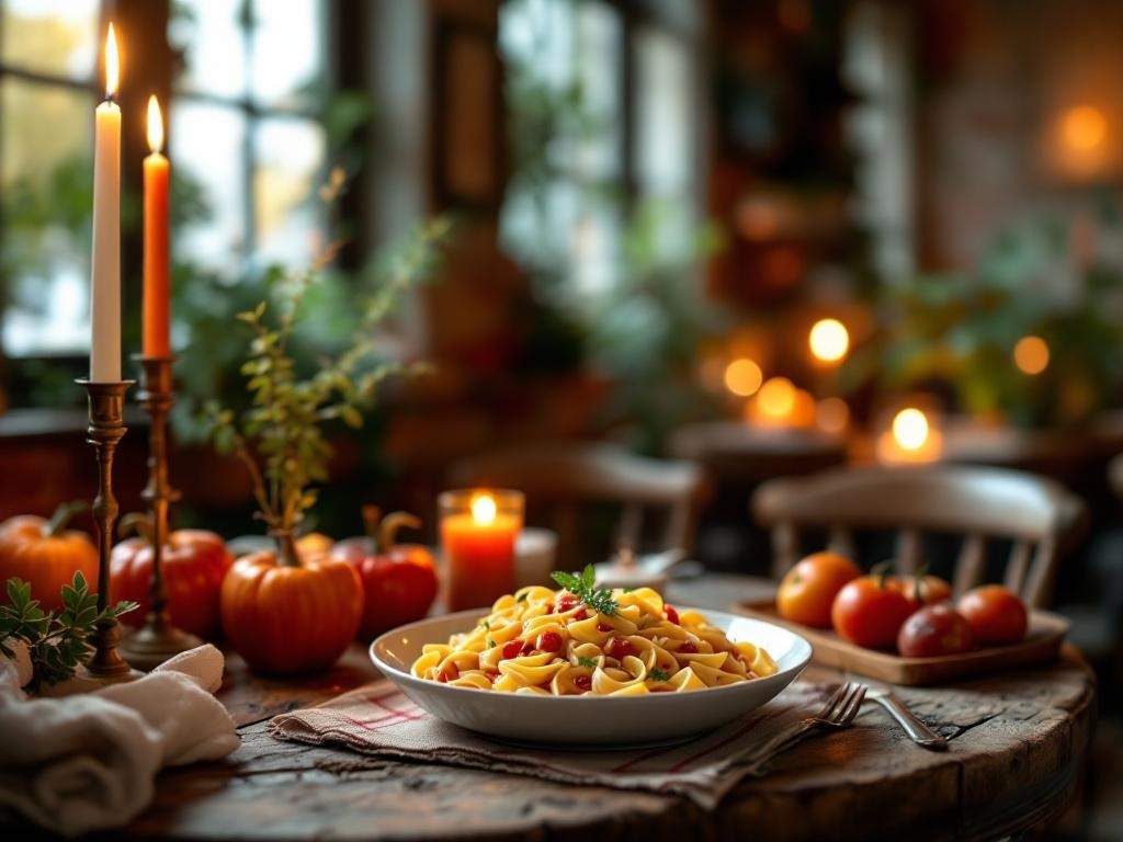 A cozy Italian dinner setting with pasta, candles, and seasonal decorations.