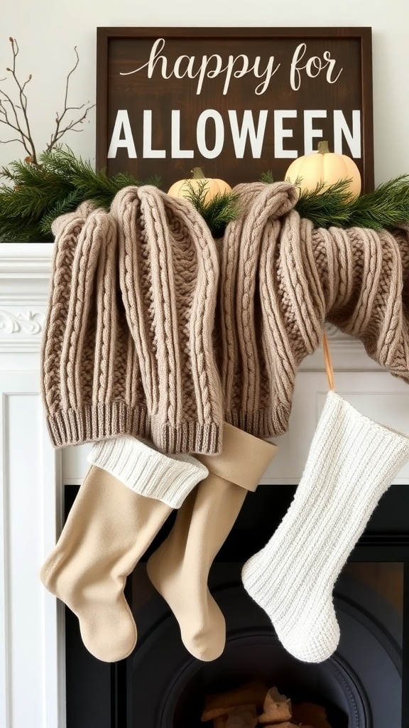 A cozy knitted throw and stockings on a mantle decorated for Halloween.