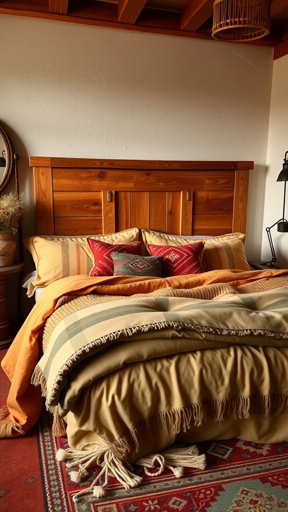 A cozy Southwestern bedroom with layered bedding in warm earthy tones, featuring a plaid blanket and vibrant accent pillows.