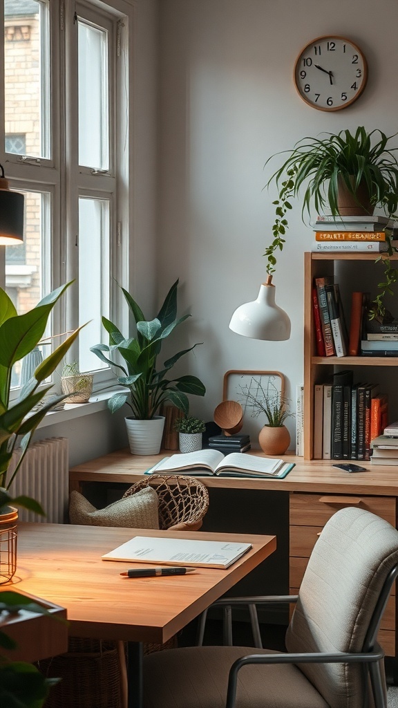 A cozy study space with plants, warm lighting, and a wooden desk.