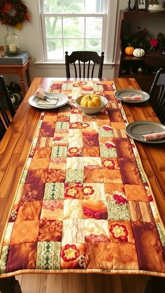 Cozy Log Cabin Quilt Runner on a wooden dining table with pumpkins and tableware