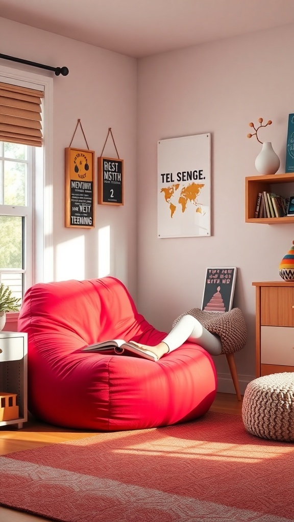 A cozy red beanbag chair in a stylish teen bedroom, surrounded by decor and natural light.