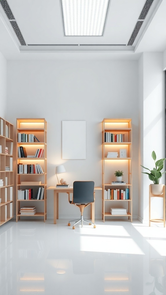A minimalistic study area with ambient shelving, a desk, and a chair, creating a cozy atmosphere.