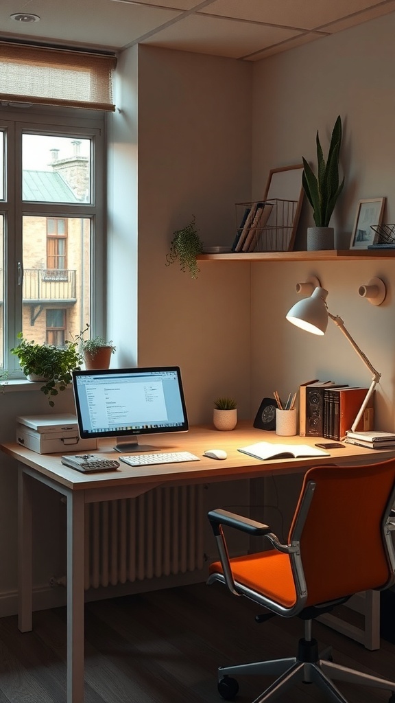 A cozy minimalist desk setup with ambient lighting, featuring a computer, plants, and organized stationery.