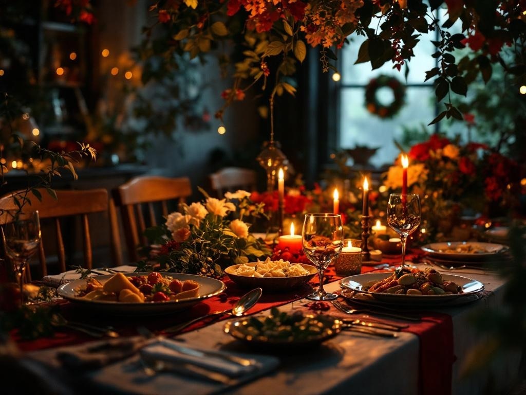 A beautifully set dinner table with candles, flowers, and delicious food, creating a cozy atmosphere for a movie-themed dinner.