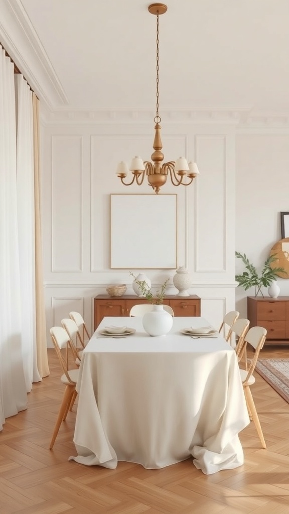 A modern farmhouse dining room featuring a cozy neutral palette with a cream tablecloth, light wood chairs, and warm lighting.
