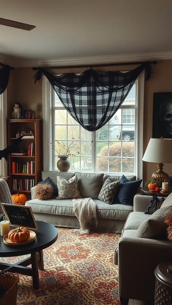 Cozy Halloween reading nook with gray sofa, decorative pillows, pumpkins, and sheer curtains.